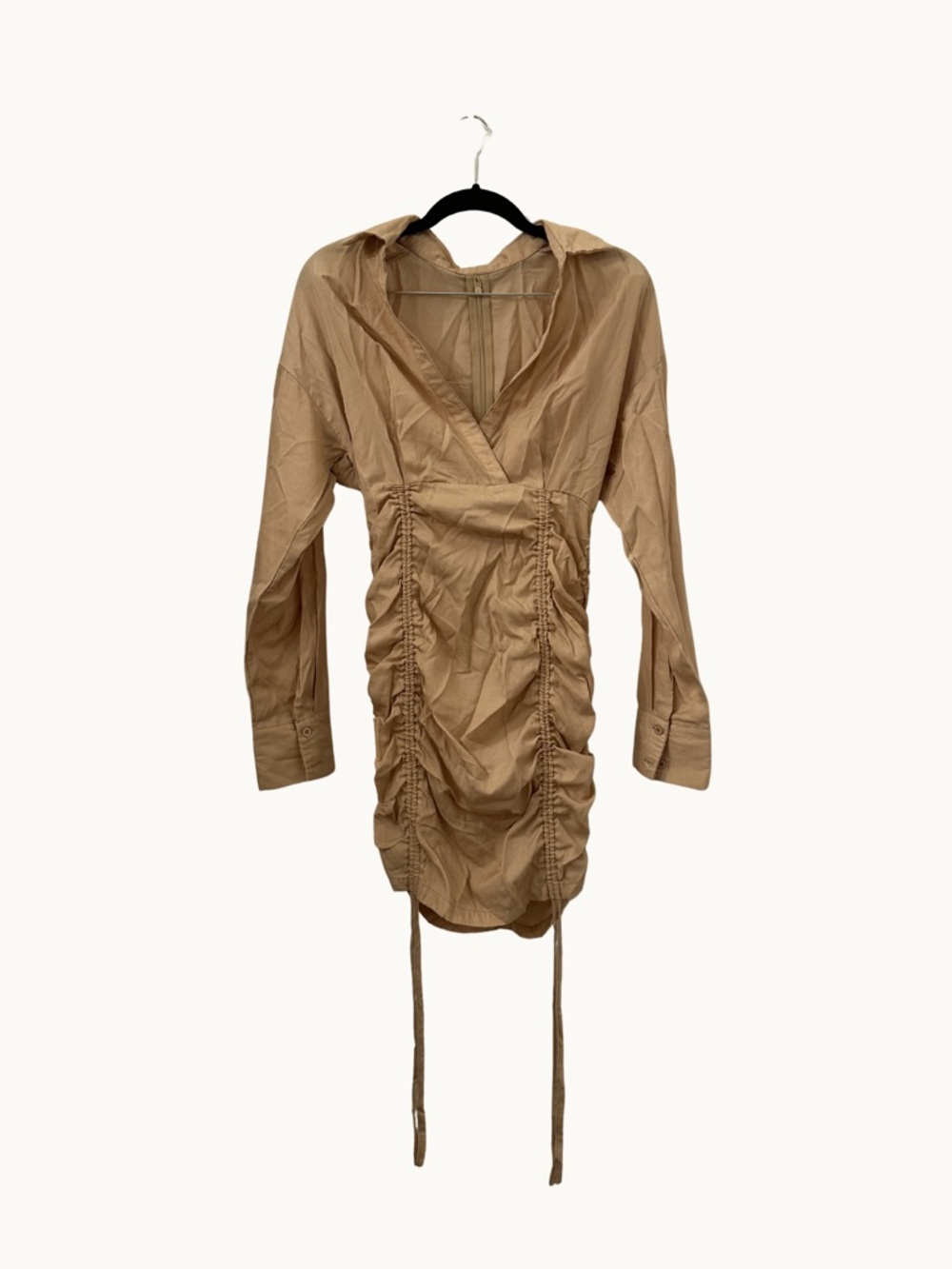 Ruched Tie-Hem Mini Dress in Beige - Picture 3 of 5